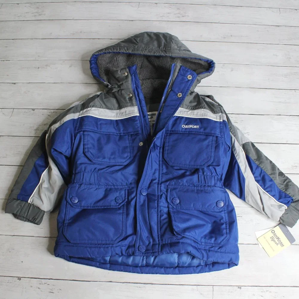 Oshkosh Boy's Hooded Winter Coat Youth Size S 4 Blue Gray Fleece Lined